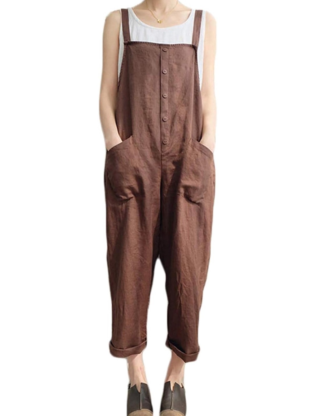 Amazon Brown Linen Button-Front Relaxed Jumpsuit